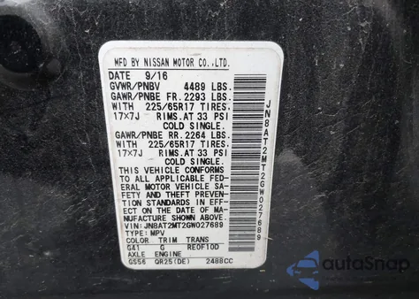 2016 Nissan Rogue Sv z USA, uszkodzony, nr VIN JN8AT2MT2GW027689